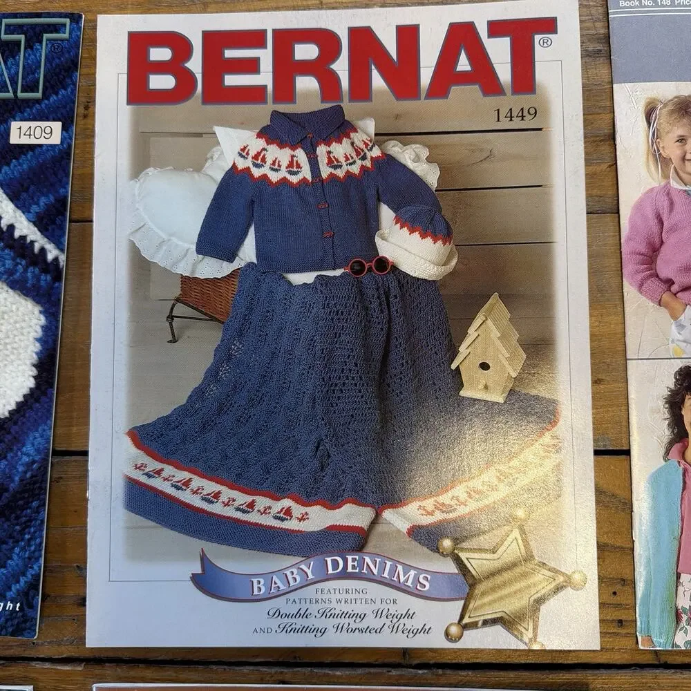 Vintage Knitting Crochet Pattern Lot Bernat Red Heart Afghan Baby Sweater 80s 90